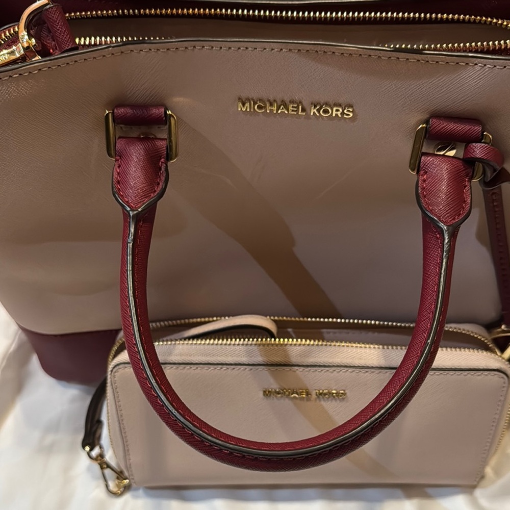 Michael Kors Two-Tone Satchel and Wallet in Burgundy and Cream